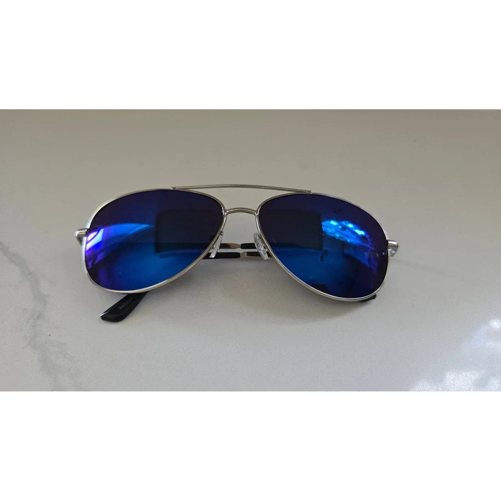 Silver Aviator Sunglasses Blue Mirrored Lens Metal Frame Double Bridge Classic